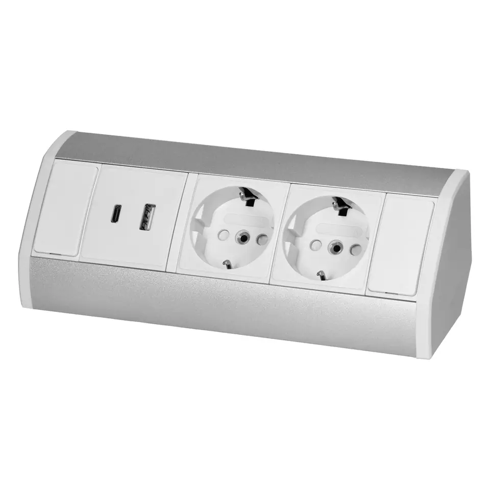 ⁨Gniazdo meblowe 2x2P+Z (Schuko), 2xUSB (typ A+C; 2,4A), biało-srebrne⁩ w sklepie Wasserman.eu