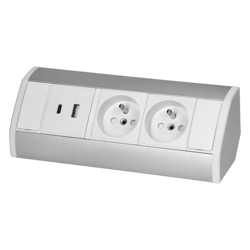 ⁨Gniazdo meblowe 2x2P+Z, 2xUSB (typ A+C; 2,4A), biało-srebrne⁩ w sklepie Wasserman.eu