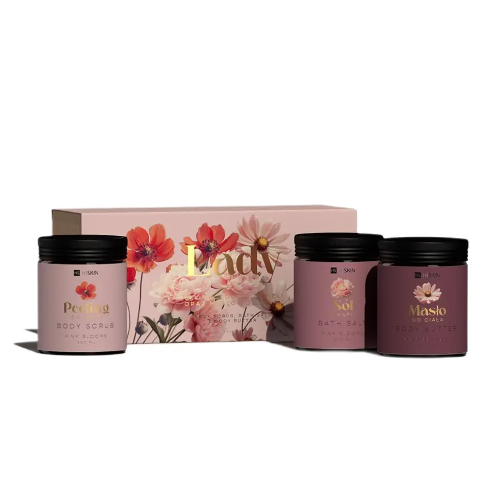 ⁨HiSkin Lady Flowers zestaw sól do kąpieli 200ml + peeling do ciała 200ml + masło do ciała 200ml⁩ w sklepie Wasserman.eu