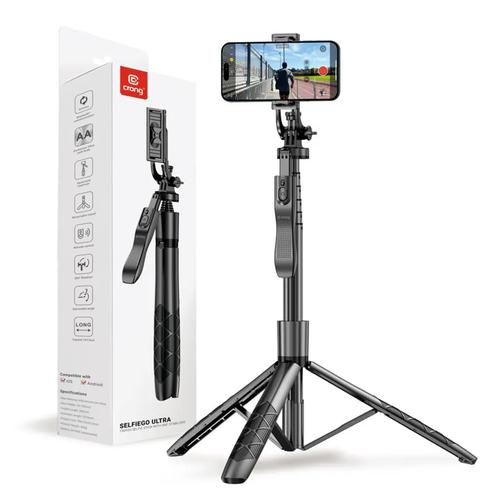 ⁨Crong SelfieGo Ultra – Aluminiowy selfie stick Bluetooth tripod (czarny)⁩ w sklepie Wasserman.eu