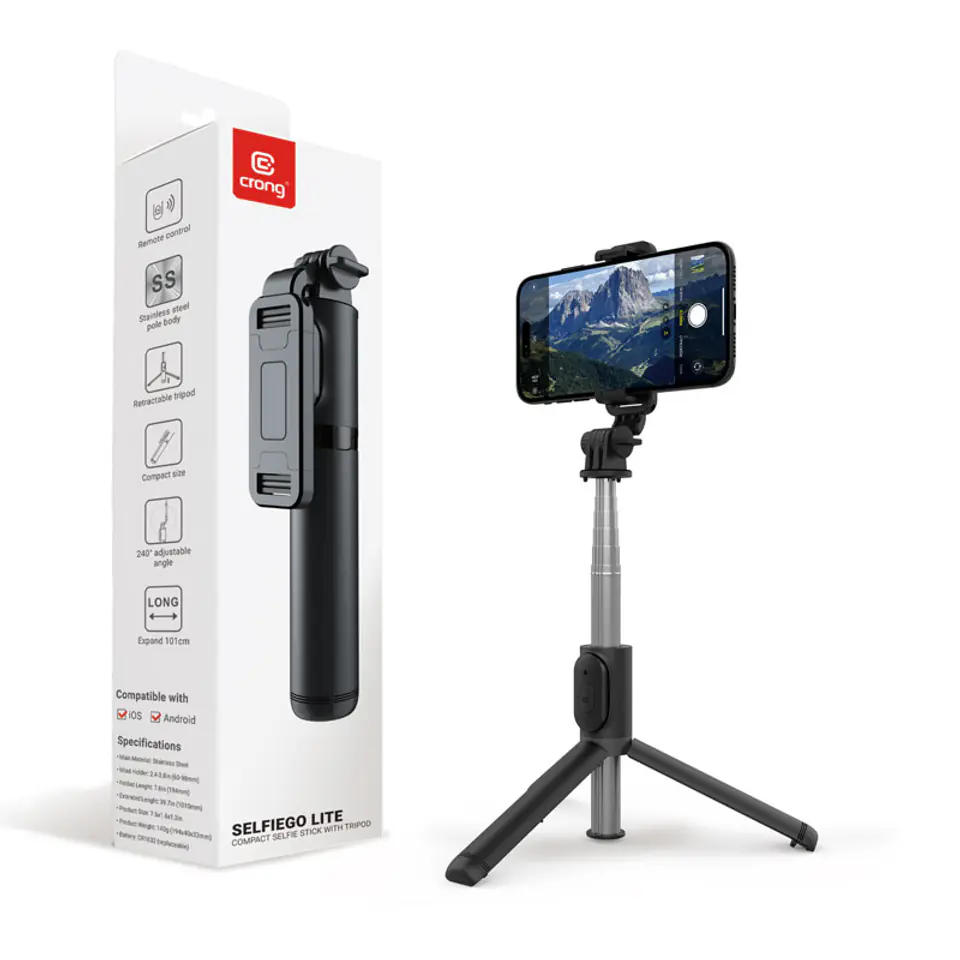 ⁨Crong SelfieGo Lite – Kompaktowy selfie stick Bluetooth tripod (czarny)⁩ w sklepie Wasserman.eu