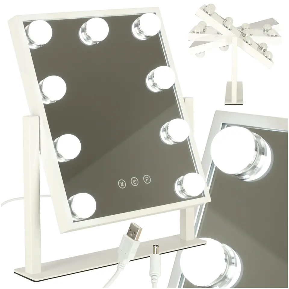Lusterko do makijażu kosmetyczne podświetlane 9 LED Hollywood z 9 żarówkami USB 25 x 30 cm w sklepie Wasserman.eu