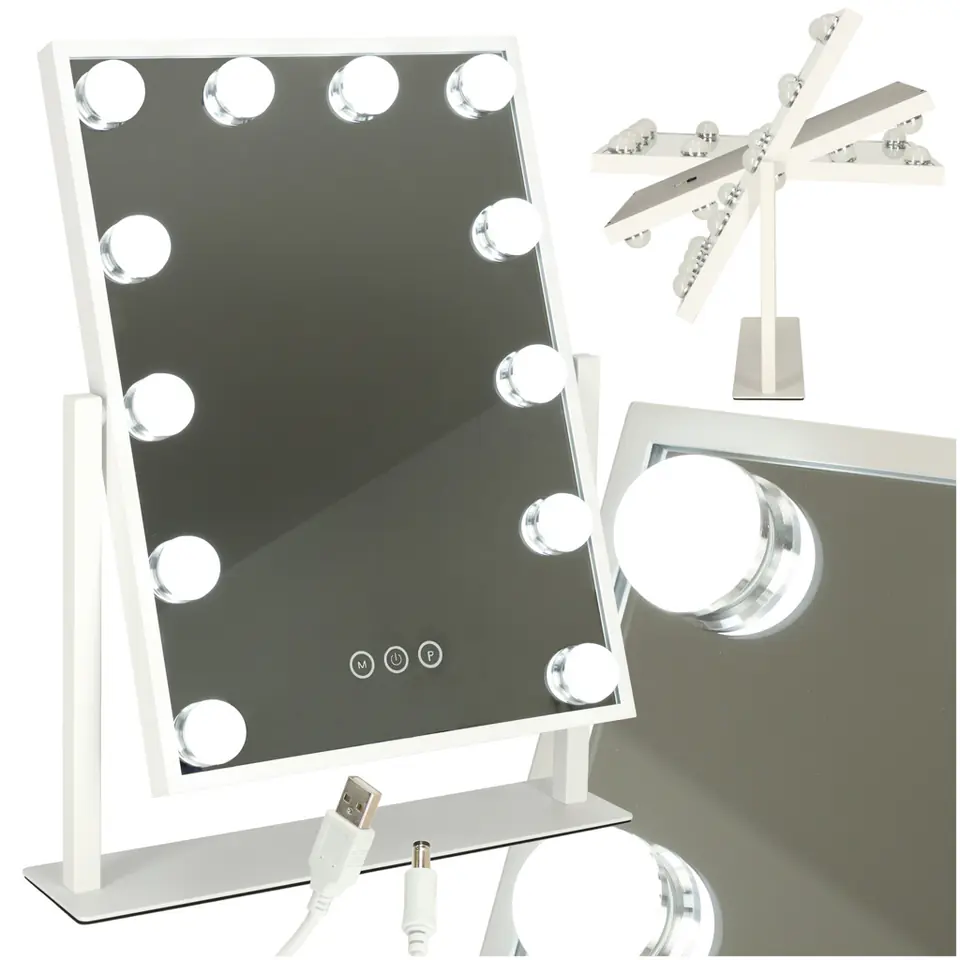 Lusterko do makijażu kosmetyczne podświetlane 12 LED Hollywood z 12 żarówkami USB 30 x 40 cm w sklepie Wasserman.eu