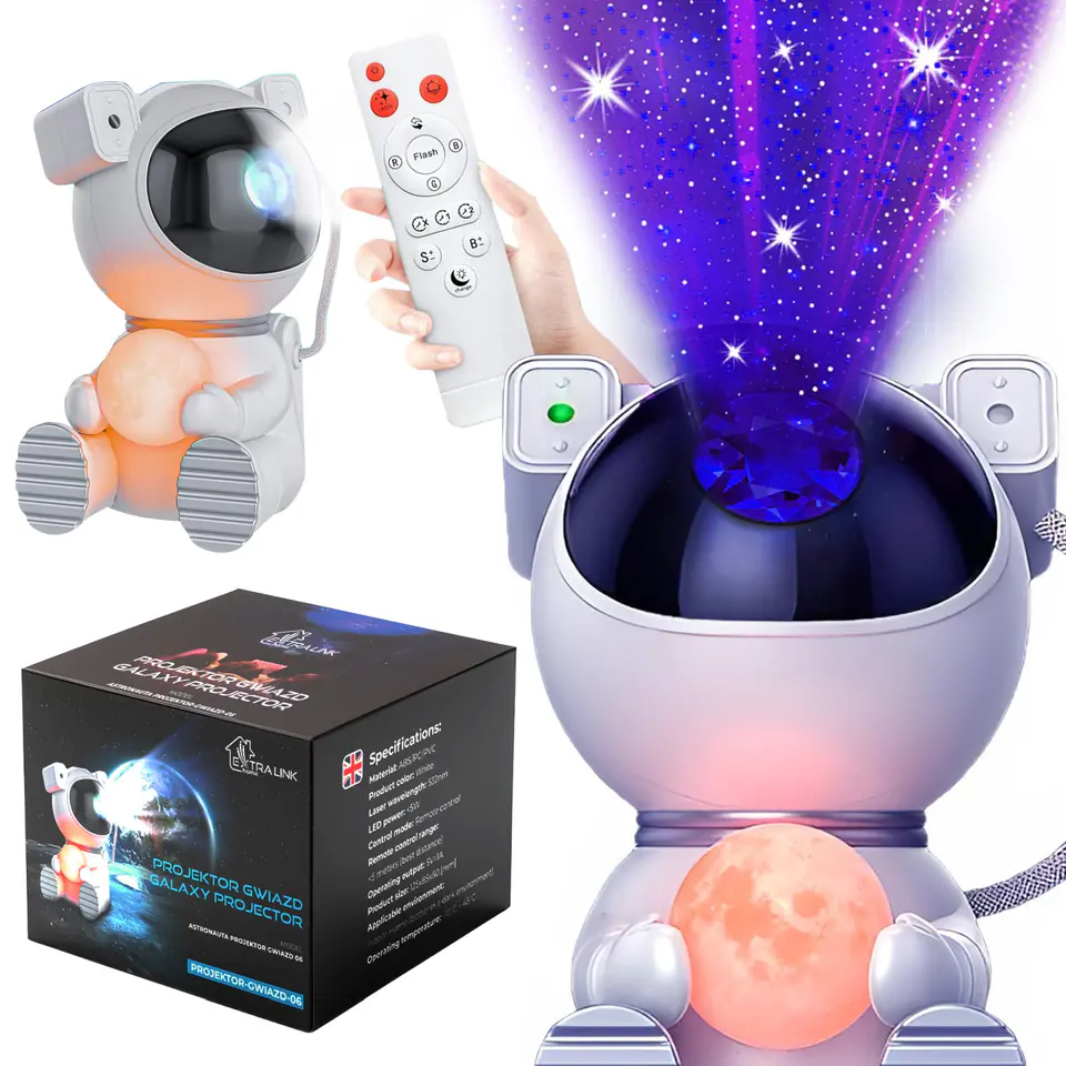 ⁨Extralink Home Star Projector with Moon | Bedside lamp, projector, shining moon | for children, astronaut⁩ at Wasserman.eu