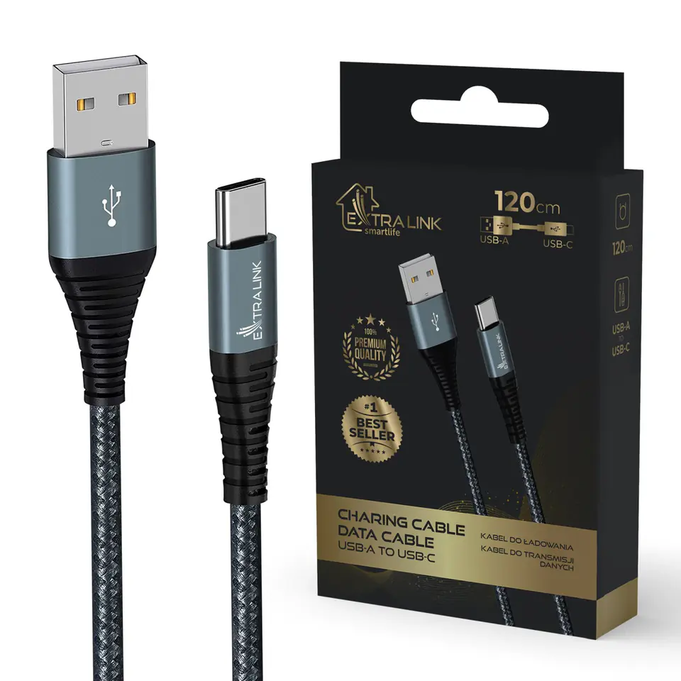 ⁨EXTRALINK SMART LIFE CABLE 15W, USB-A TO USB-C, 120CM, NYLON BRAIDED, 5V 2.4A/3A, BLACK⁩ w sklepie Wasserman.eu