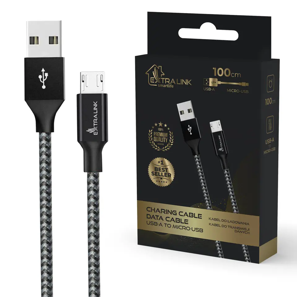 ⁨EXTRALINK SMART LIFE CABLE 15W, USB-A TO MICRO-USB, 100CM, PVC, 5V 2.4A, BLACK⁩ w sklepie Wasserman.eu