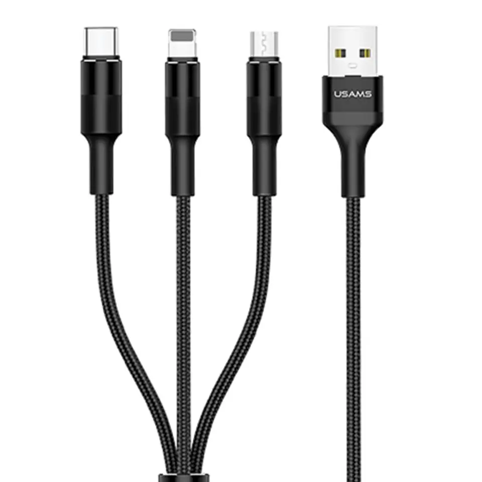 ⁨USAMS Kabel pleciony U5 3w1 1,5m 2A czarny/black (lightning/microUSB/USB-C) SJ2193IN101 (US-SJ219)⁩ w sklepie Wasserman.eu