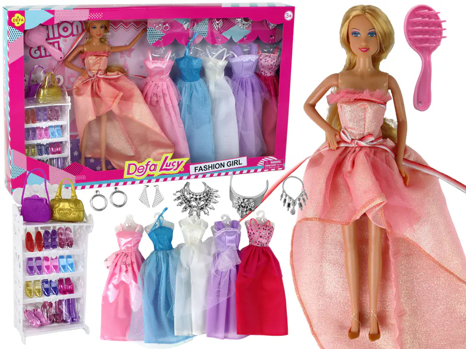 ⁨Lalka Dla Dzieci Długie Blond Włosy Szafa Buty Sukienki Akcesoria Różowa⁩ w sklepie Wasserman.eu