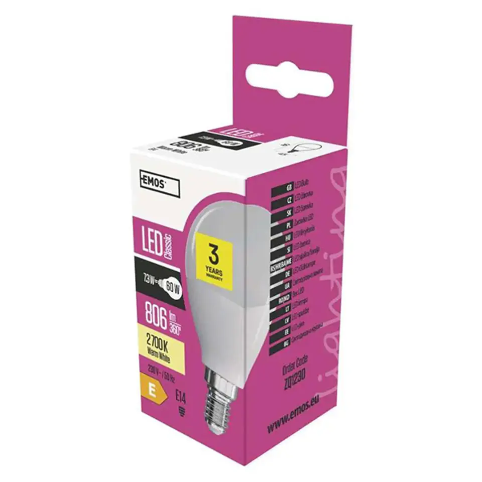 LED żarówka EMOS Lighting E14, 220-240V, 7.3W, 806lm, 2700k, ciepła biel, 30000h, Classic 86x45x45 mm w sklepie Wasserman.eu