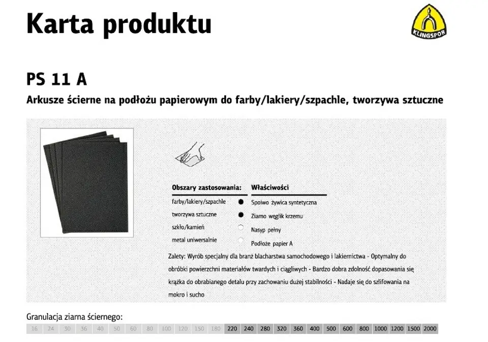 ⁨KLINGSPOR ARKUSZE ŚCIERNE NA PODŁOŻU PAPIEROWYM 230mm x 280mm PS11A NA MOKRO gr. 400 /50szt.⁩ w sklepie Wasserman.eu