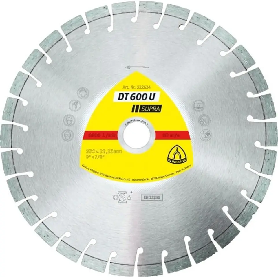 ⁨KLINGSPOR SEGMENTED DIAMOND BLADE 230mm x 2.6mm x 22.2mm SUPRA DT600U, REINFORCED CONCRETE⁩ at Wasserman.eu