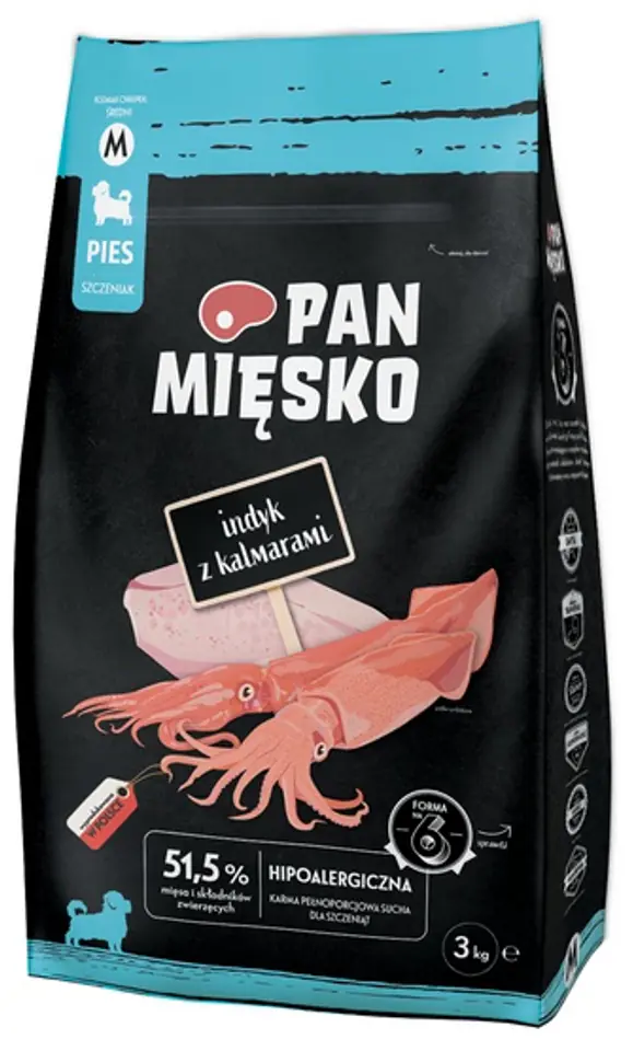 ⁨Pan Mięsko Karma sucha dla szczeniąt - indyk i kalmary chrupki M 3kg⁩ w sklepie Wasserman.eu