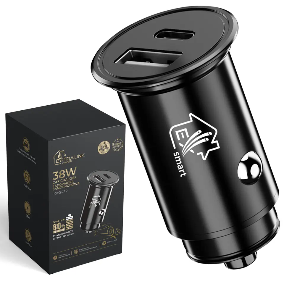 ⁨EXTRALINK SMART LIFE CAR CHARGER 38W, 1X USB-C, 1X USB-A, BLACK, CARCHARESL01⁩ w sklepie Wasserman.eu