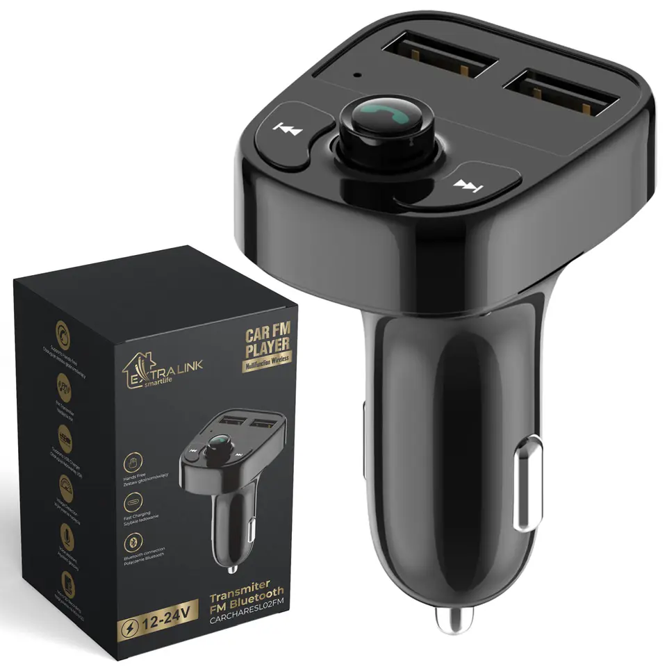 ⁨EXTRALINK SMART LIFE FM TRANSMITER CAR CHARGER, 2xUSB-A, BLACK, CARCHARESL02FM⁩ w sklepie Wasserman.eu