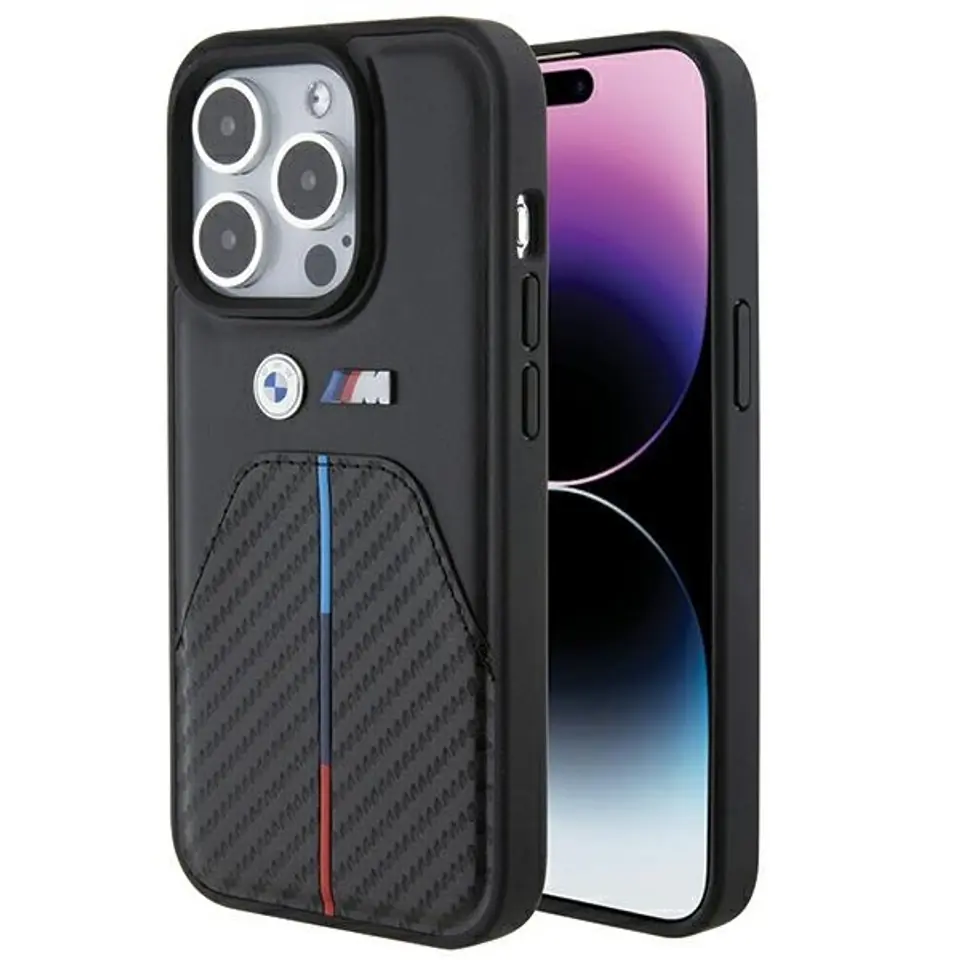 ⁨BMW BMHCP15L22NSTB iPhone 15 Pro 6.1" czarny/black Stamped Tricolor Stripe⁩ w sklepie Wasserman.eu