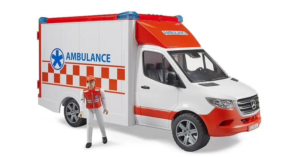 ⁨Mercedes Sprinter Ambulance with Emergency Person Figure and Light + Sound Module 02676 BRUDER⁩ at Wasserman.eu
