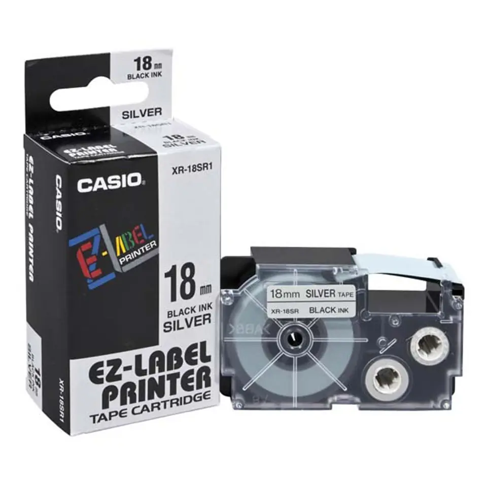 Casio oryginalny taśma do drukarek etykiet, Casio, XR-18SR1, czarny druk/srebrny podkład, 18mm w sklepie Wasserman.eu
