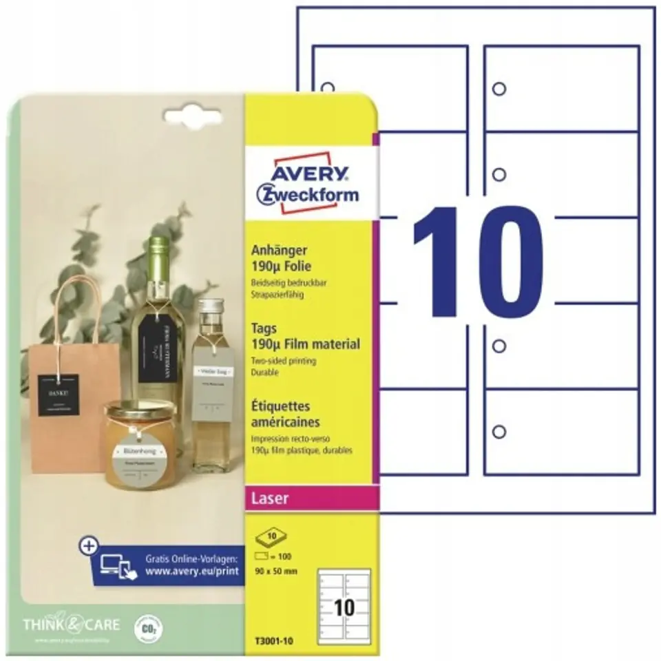 ⁨Zawieszki foliowe (10 arkuszy) 90x50mm Quick&Clean T3001-10 AVERY ZWECKFORM⁩ w sklepie Wasserman.eu