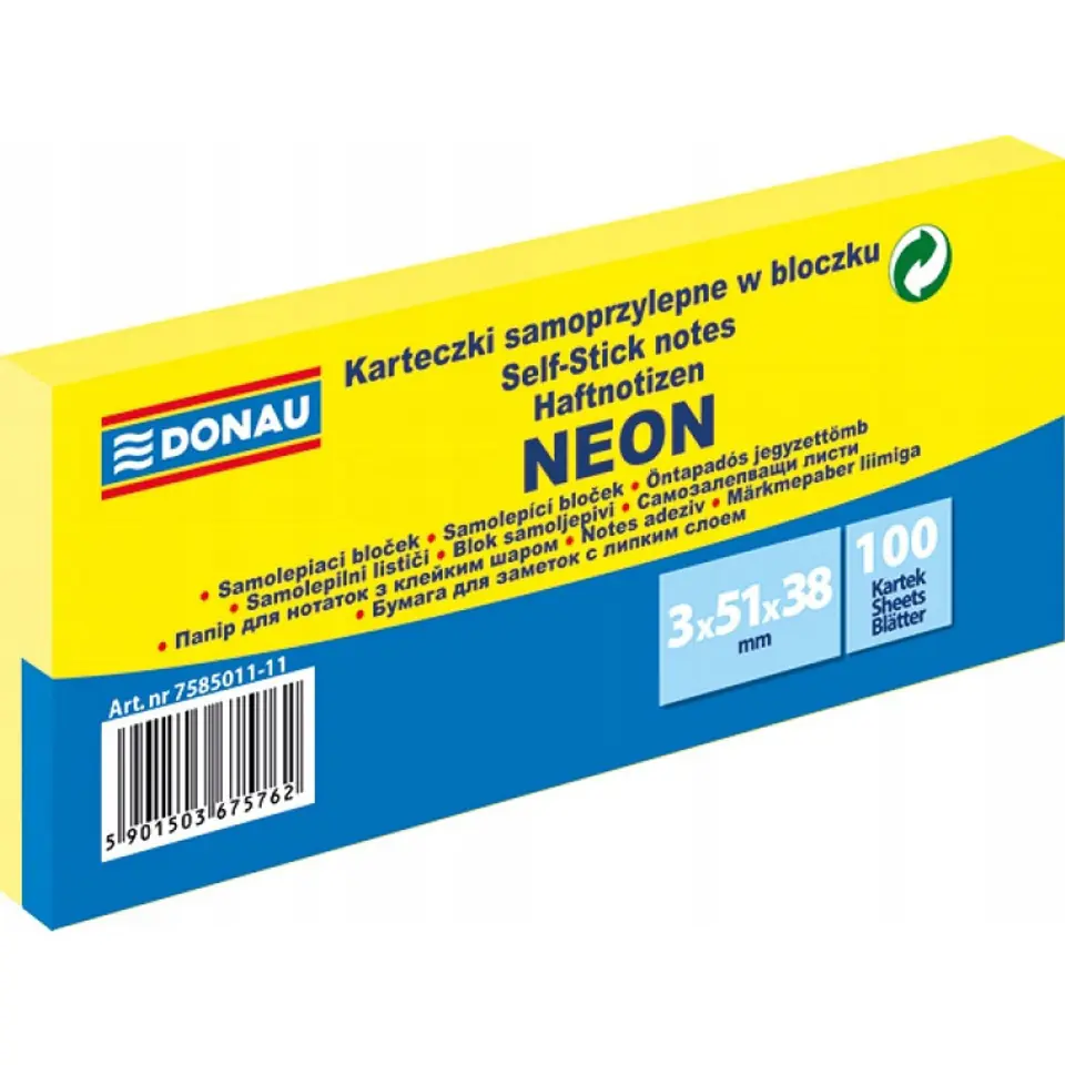 ⁨Bloczek samoprzylepny 38x51mm 100k neon żółty (3szt) 7585011-11 DONAU⁩ w sklepie Wasserman.eu