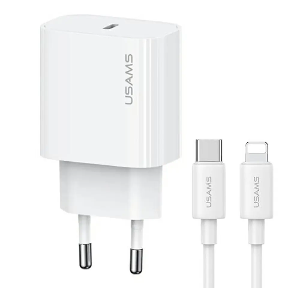 ⁨USAMS Ład. siec. 1xUSB-C T65 PD20W PD Fast Charging US-CC226 + kabel USB-C/Lightning US-SJ712 30W biały/white Yi Series OYXLTZ02⁩ w sklepie Wasserman.eu