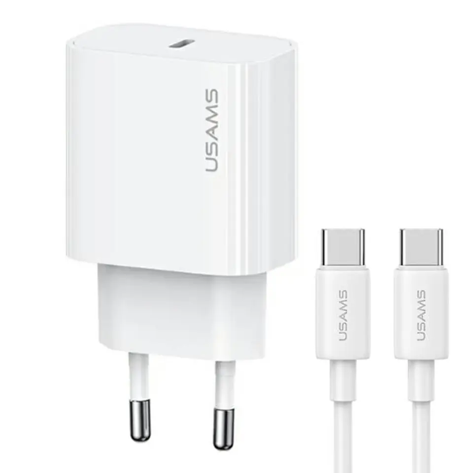 ⁨USAMS Ład. siec. 1xUSB-C T65 PD20W PD Fast Charging US-CC226 + kabel USB-C/USB-C US-SJ711 60W biały/white Yi Series OYXLTZ01⁩ w sklepie Wasserman.eu