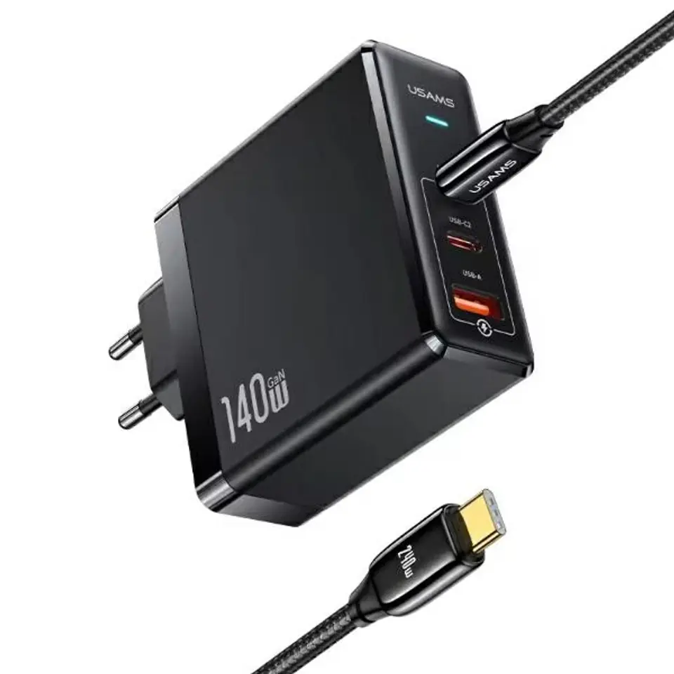 ⁨USAMS Ład. siec. 2xUSB-C+1xUSB T52PD140W PD Fast Charging US-CC168 + kabel U82 USB-C/USB-C US-SJ581 240W czarny/black UM Series UMXLOGTC01⁩ w sklepie Wasserman.eu