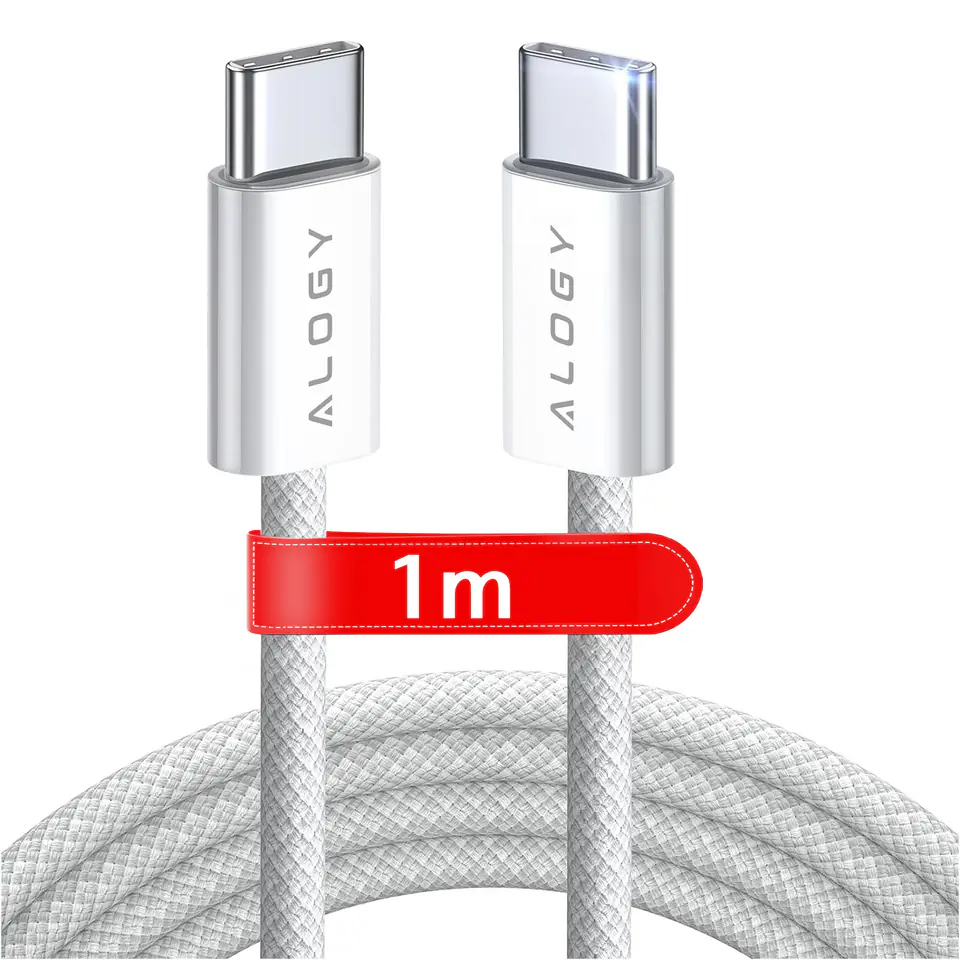 ⁨Kabel USB-C typ C mocny szybki 60W PD 1M do iPhone 15/Pro/Max iPad MacBook nylonowy przewód Alogy Biały⁩ w sklepie Wasserman.eu