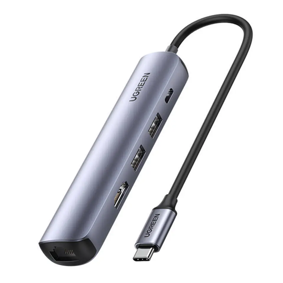 ⁨Hub / Adapter 100W PD USB-C - 2x USB + HDMI 4K 30 Hz + RJ45 1Gbps UGREEN Revodok CM418 szary⁩ w sklepie Wasserman.eu