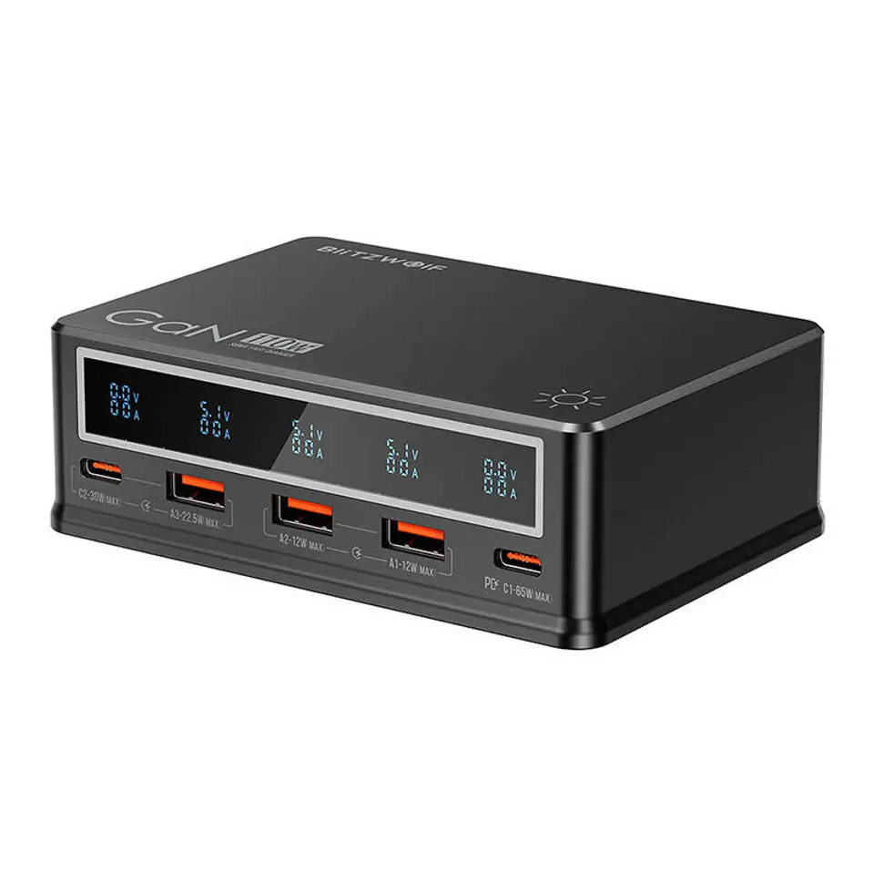 ⁨Ładowarka sieciowa Blitzwolf BW-i9 110W PD 3xUSB-A, 2xUSB-C (czarna)⁩ w sklepie Wasserman.eu