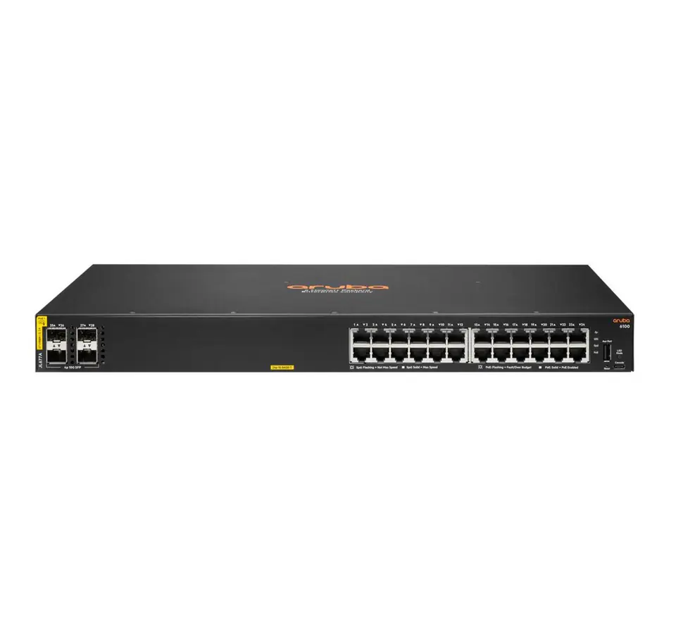 ⁨HPE Aruba Networking Aruba 6100 24G Class4 PoE 4SFP+ 370W Managed L3 Gigabit Ethernet (10/100/1000) Power over Ethernet (PoE) 1U Black⁩ at Wasserman.eu