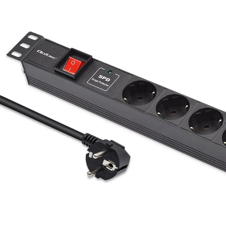 ⁨Qoltec Aluminum PDU for 19'' RACK | 1U | 16A |  6xSCHUKO | 1.8m⁩ at Wasserman.eu