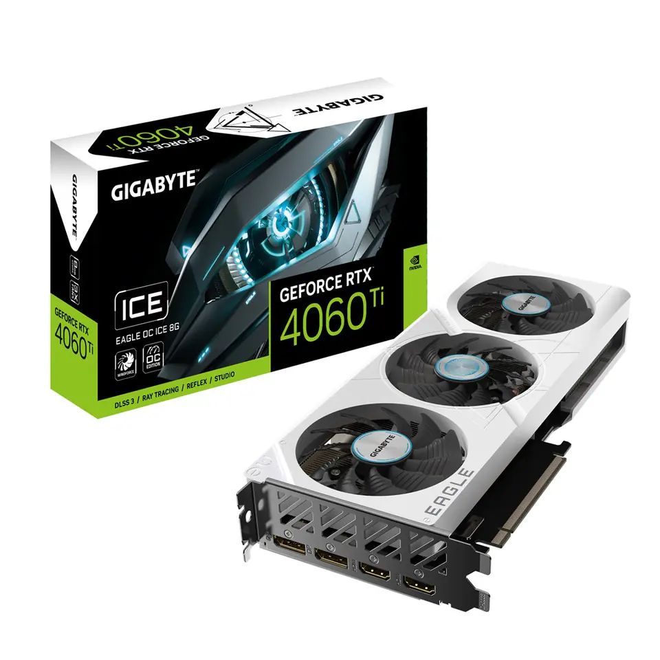 ⁨GIGABYTE GeForce RTX 4060 Ti EAGLE OC ICE 8G Graphics Card - 8GB GDDR6, 128bit, PCI-E 4.0, 2550MHz Core Clock, 2 x DisplayPort 1.4a, 2 x HDMI 2.1a, NVIDIA DLSS 3, GV-N406TEAGLEOC ICE-8GD⁩ at Wasserman.eu