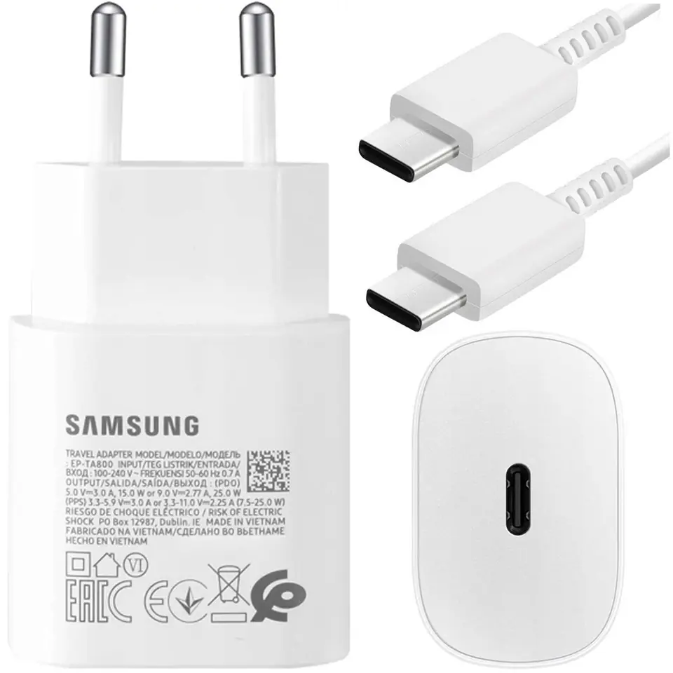 ⁨Oryginalna Ładowarka sieciowa USB-C Samsung 25W + Kabel Type C 180cm Premium Super Fast Charge Zestaw Biała⁩ w sklepie Wasserman.eu