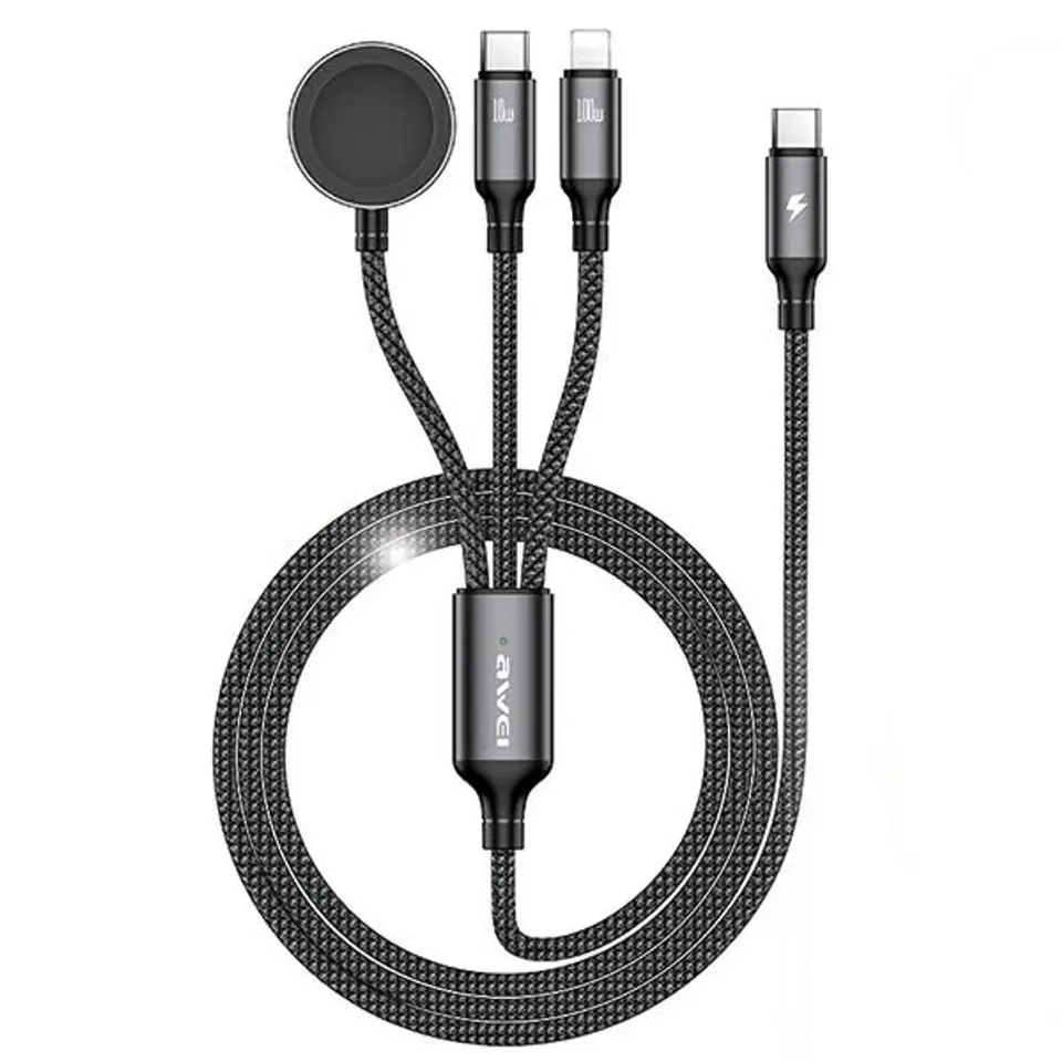 ⁨AWEI kabel W23 3w1 usb-c/lightning/watch 100W/10W/2.5W czarny/black⁩ w sklepie Wasserman.eu