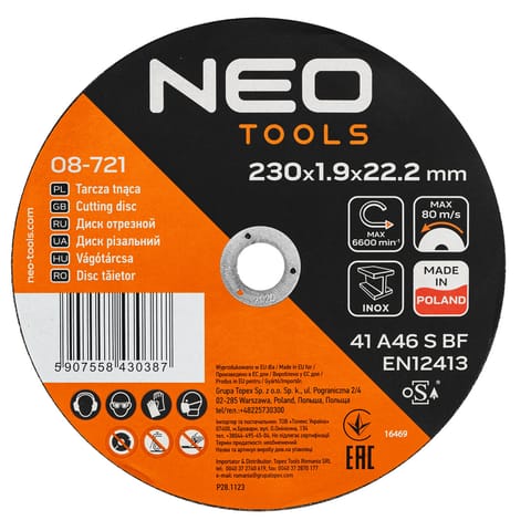 ⁨Tarcze tnące do metalu/INOX 230 x 1.9 x 22,2mm, 41 A46-S-BF, 25 szt. kartonik. Wyprodukowano w PL⁩ w sklepie Wasserman.eu