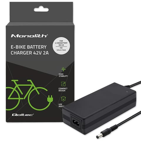⁨Qoltec 50760 Charger for e-bike batteries 36V | 42V | 2A | 5.5*2.1⁩ at Wasserman.eu