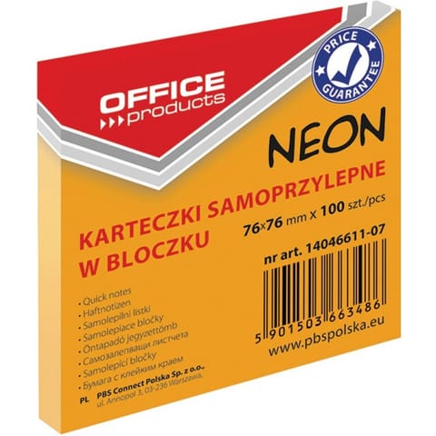 ⁨KARTECZKI OFFICE PRODUCTS 76X 76 MM POMARAŃCZOWE (100), POMARAŃCZOWY⁩ w sklepie Wasserman.eu