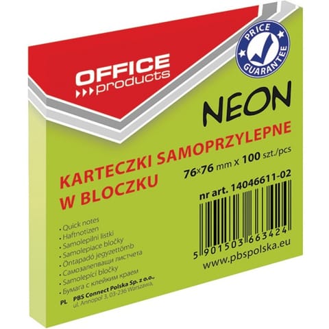 ⁨KARTECZKI OFFICE PRODUCTS 76X 76 MM ZIELONE (100), ZIELONY⁩ w sklepie Wasserman.eu