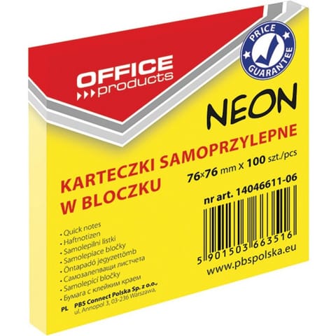 ⁨KARTECZKI OFFICE PRODUCTS 76X 76 MM ŻÓŁTE (100), ŻÓŁTY⁩ w sklepie Wasserman.eu