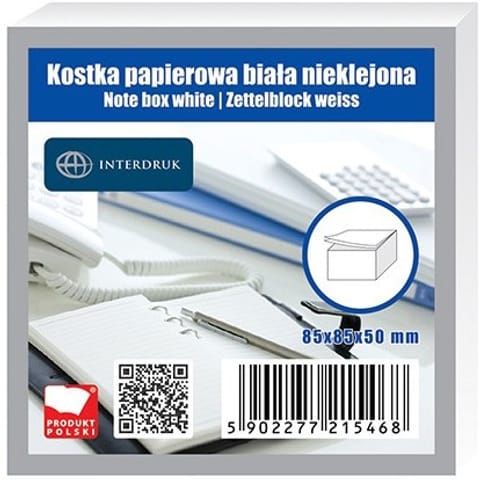 ⁨KOSTKA PAPIEROWA 85 X 85 X 50 MM NIEKLEJONA BIAŁA⁩ w sklepie Wasserman.eu