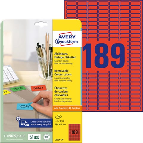 ⁨ETYKIETY A4 AVERY 25,4*10mm USUWALNE CZERWONE (20)⁩ w sklepie Wasserman.eu