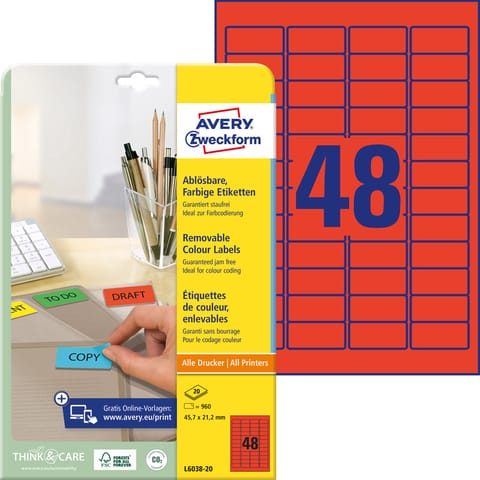 ⁨ETYKIETY A4 AVERY 45,7*21,2mm USUWALNE CZERWONE (20)⁩ w sklepie Wasserman.eu