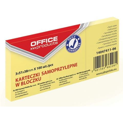 ⁨KARTECZKI OFFICE PRODUCTS 38 X 51 MM ŻÓŁTE (3 X 100)⁩ w sklepie Wasserman.eu