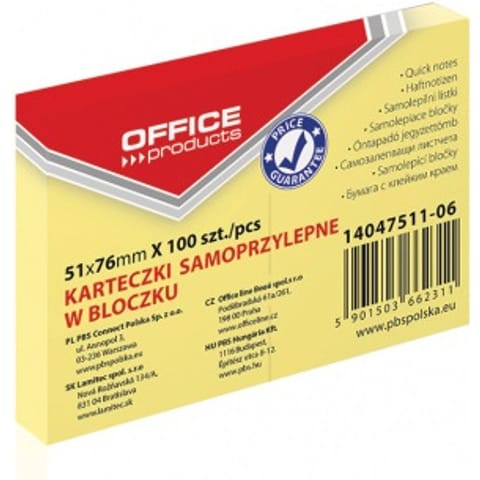 ⁨KARTECZKI OFFICE PRODUCTS 51 X 76 MM ŻÓŁTE (100)⁩ w sklepie Wasserman.eu