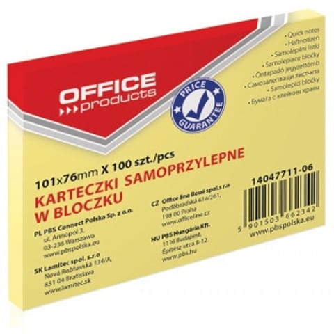 ⁨KARTECZKI OFFICE PRODUCTS 76 X 101 MM ŻÓŁTE (100)⁩ w sklepie Wasserman.eu