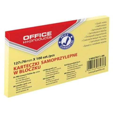 ⁨KARTECZKI OFFICE PRODUCTS 76 X 127 MM ŻÓŁTE (100)⁩ w sklepie Wasserman.eu