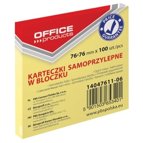 ⁨KARTECZKI OFFICE PRODUCTS 76X 76 MM ŻÓŁTE (100)⁩ w sklepie Wasserman.eu