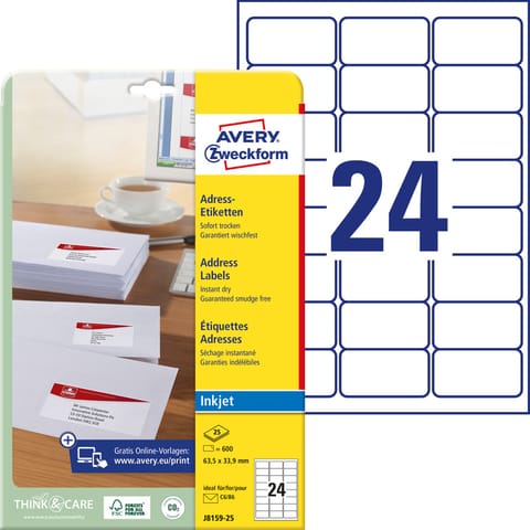 ⁨ETYKIETY A4 AVERY 63,5*33,9mm BIAŁE (25)⁩ w sklepie Wasserman.eu