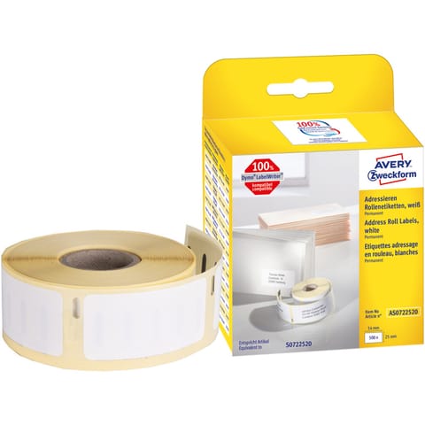 ⁨Address labels in a roll of 500 ethicists. 25 x 54 mm, durable, white AS0722520 Avery Zweckform⁩ at Wasserman.eu