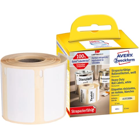 ⁨Etykiety Heavy Duty Avery Zweckform w rolce do drukarek termicznych, 400etyk./1rolka, 32 x 57 mm, poliestrowe, trwałe, białe, BIAŁY⁩ w sklepie Wasserman.eu